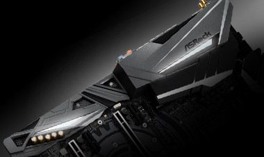 Closeup of the ASRock z390 motherboard's I/O armor